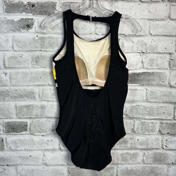Vintage Black Yellow Colour Block High Square Neck One Piece Swimsuit - Picture 4 of 10